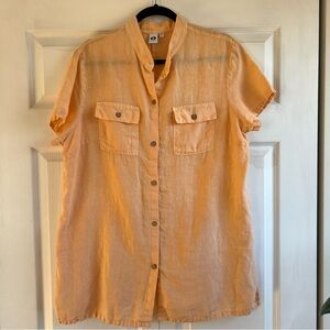 Spirit 100% Linen Button Front Long Line Orange Pocket Safari Lagenlook Shirt XL